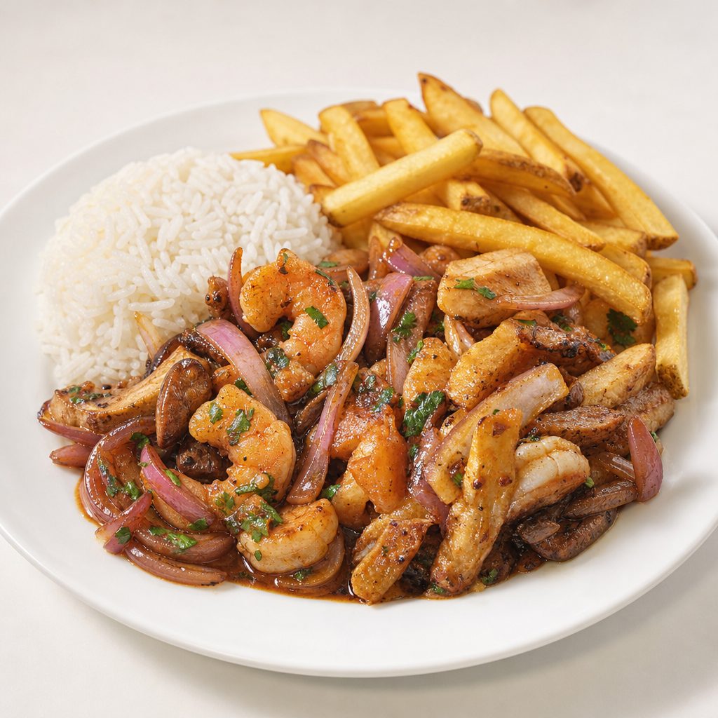 Pollo Saltado Con Camarones.