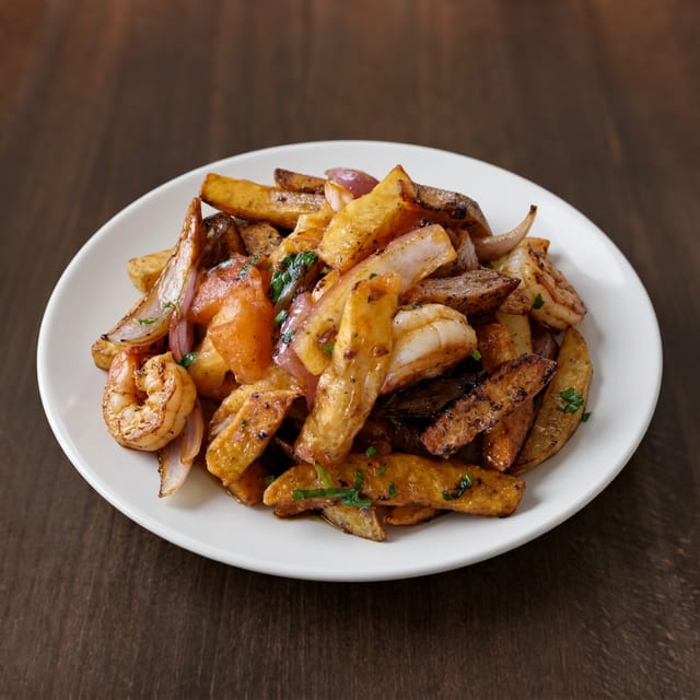 Pollo Saltado Con Camarones.